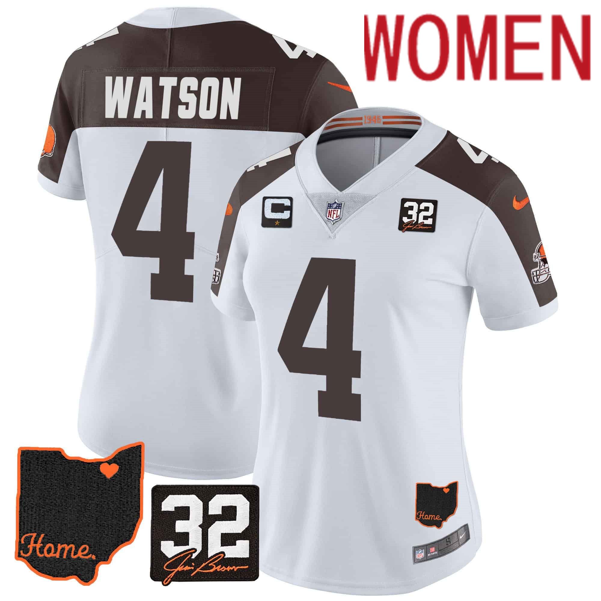 Women Cleveland Browns #4 Watson White Memorial Home Patch 2024 Nike NFL Jersey style 1